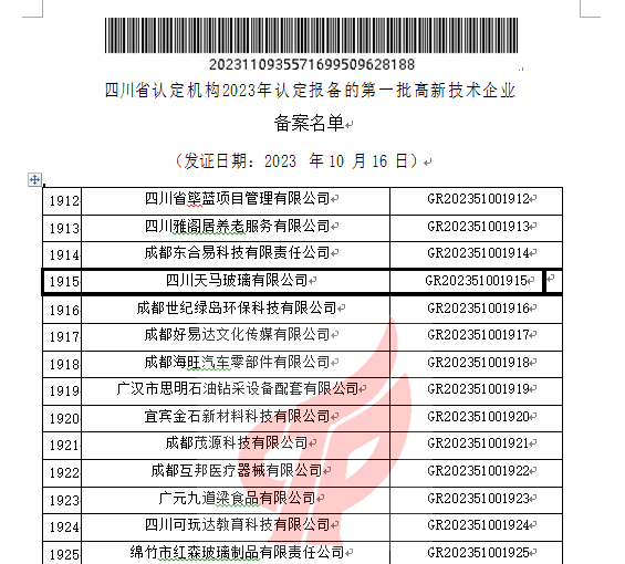 喜報(bào)！四川天馬玻璃有限公司再次被認(rèn)定為國(guó)家級(jí)高新技術(shù)企業(yè)(圖2)